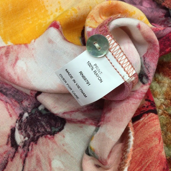 Fig & Flower Red Orange Floral Blouse Tie balloon Sleeves Boho pretty rayon L. - Picture 8 of 11